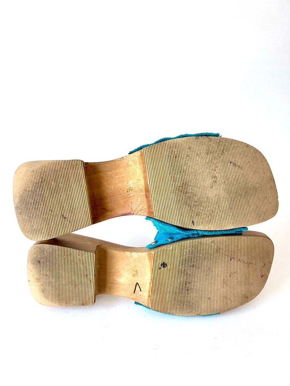 Soul Out Vintage 90s Turqoise Blue Suede Platform Wood Mule Slide Sandals 7.5